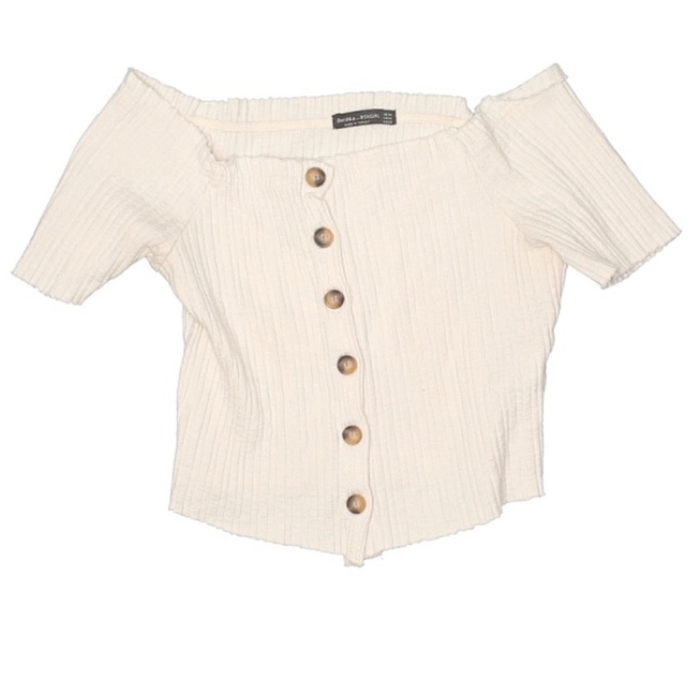 Bershka Bskgirl cropped ribbed off shoulder top Medium white wood